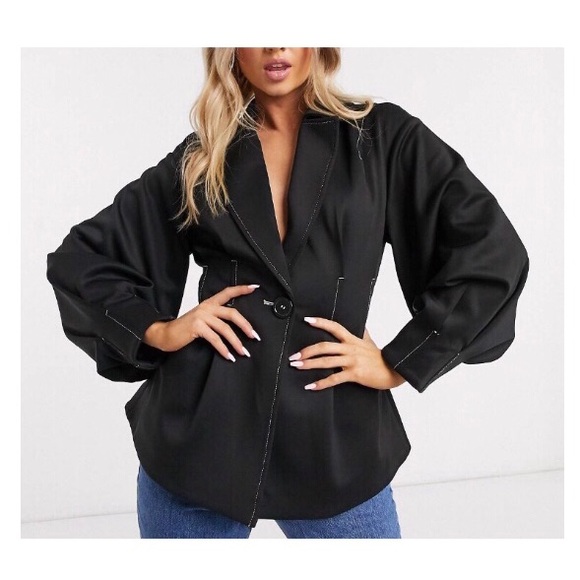 ASOS Jackets & Blazers - ASOS • Black Fitted Jacket with Balloon Sleeves & White Thread Trim